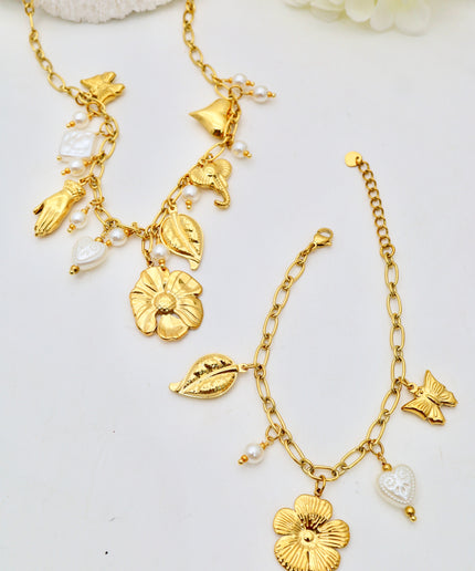 Parure collier et bracelet - Charms fleur, feuille et papillon