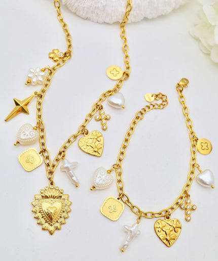 Bracelet - Charms coeurs, trèfles, croix