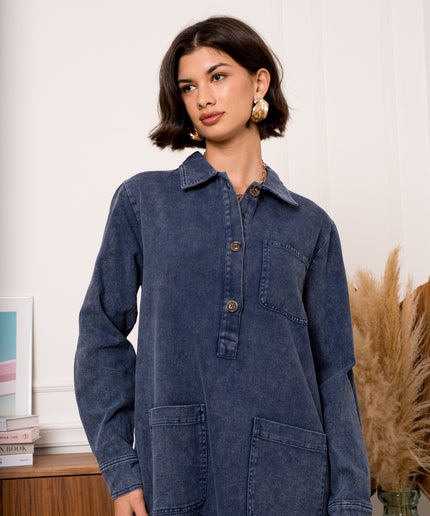 Robe jeans grande poche manches longues