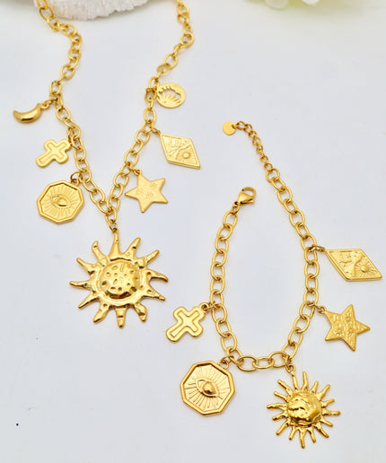 Parure collier et bracelet - charms soleil, oeil, croix, étoile, lune