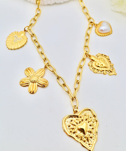Collier - Charms coeurs et fleur