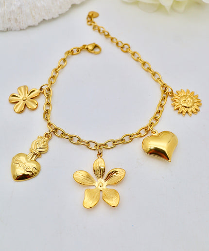 Bracelet  - Charms fleurs et coeurs