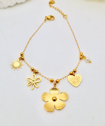 Bracelet chaîne fine - Charms fleur, soleil et coeur