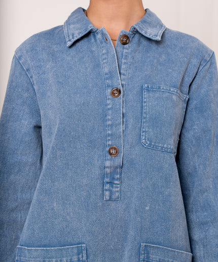 Robe jeans grande poche manches longues