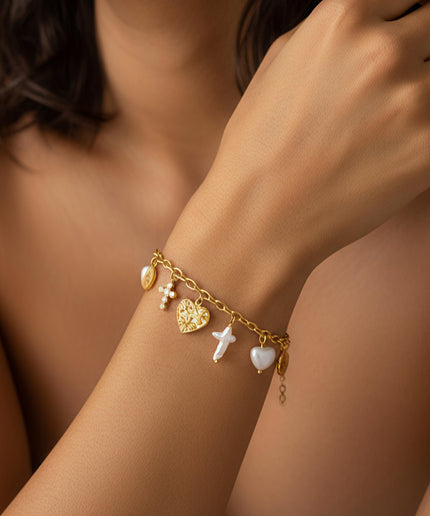 Bracelet - Charms coeurs, trèfles, croix