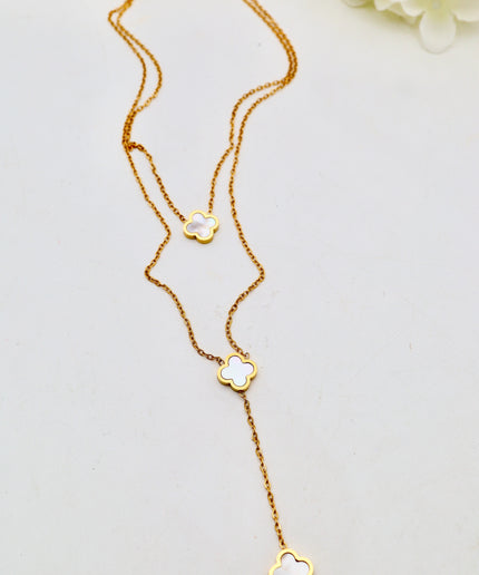 Collier Y double rang - Trèfle nacré