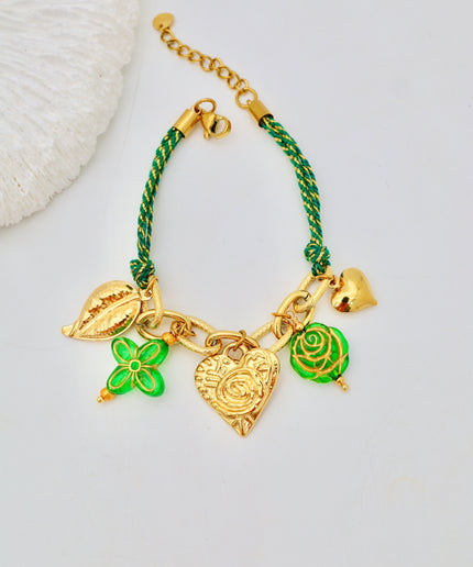 Bracelet cordon - Charms coeur, papillon, feuille, coeur