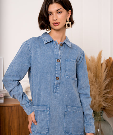 Robe jeans grande poche manches longues