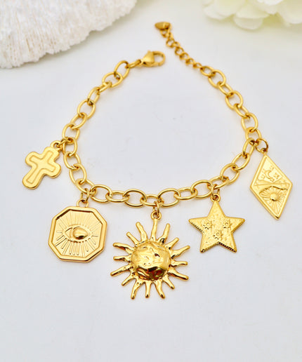 Bracelet - Charms soleil, oeil, croix, étoile, lune