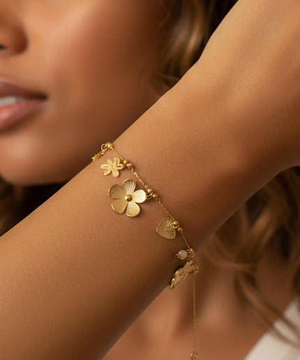 Bracelet chaîne fine - Charms fleur, soleil et coeur