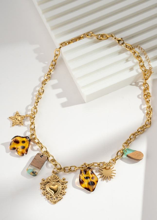 Collier charms doré acier inoxydable pendentifs résine léopard chic