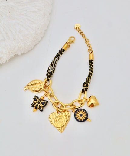 Bracelet cordon - Charms coeur, papillon, feuille, coeur