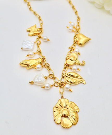 Collier - Charms fleur, feuille, éléphant, coeur, main papillon