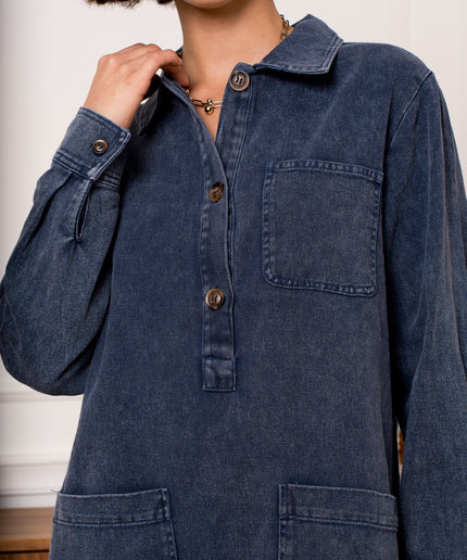 Robe jeans grande poche manches longues