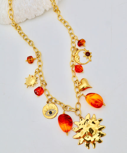 Collier - Charms colorés soleil, oeil et coeur