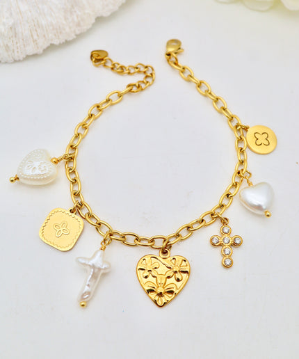Bracelet - Charms coeurs, trèfles, croix
