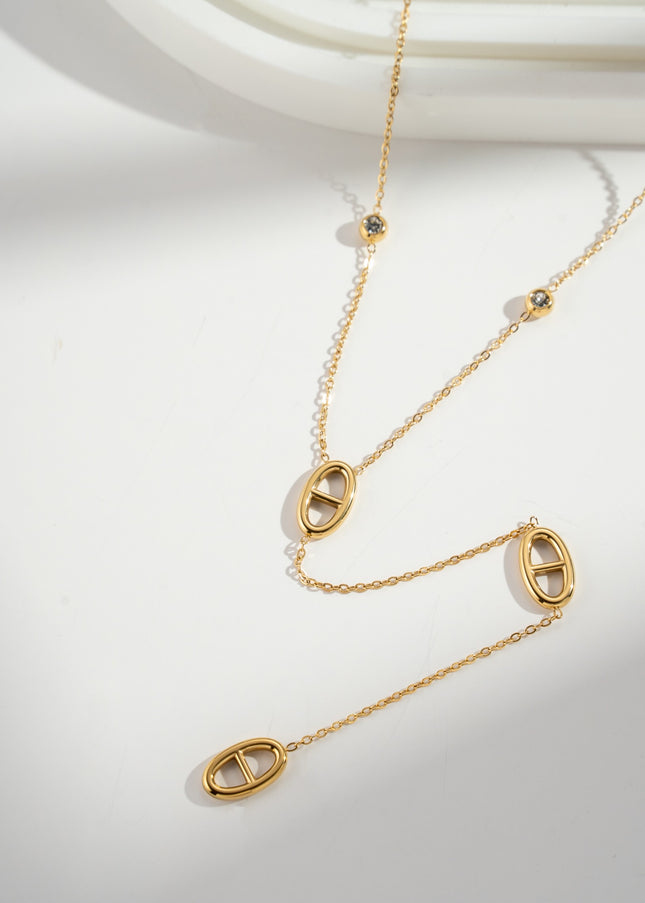 Collier Doré Femme Motif Ovale Pierres Acier Inoxydable Fin