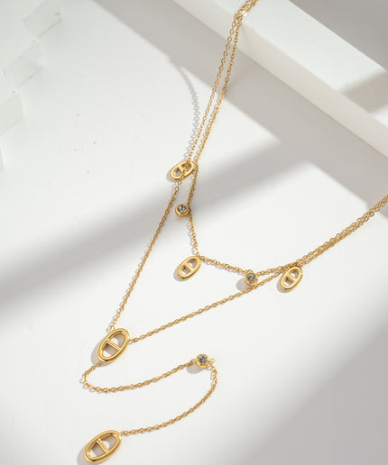 Collier Femme Double Tour Y Doré Motif Ovale Acier Inoxydable