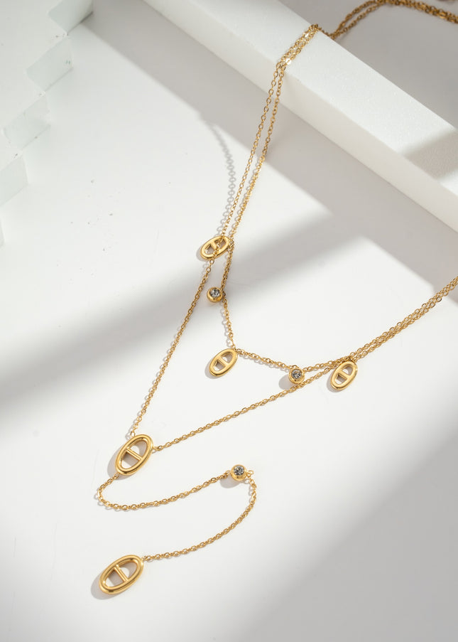 Collier Femme Double Tour Y Doré Motif Ovale Acier Inoxydable