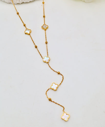 Collier Y - motifs Trèfles nacrés
